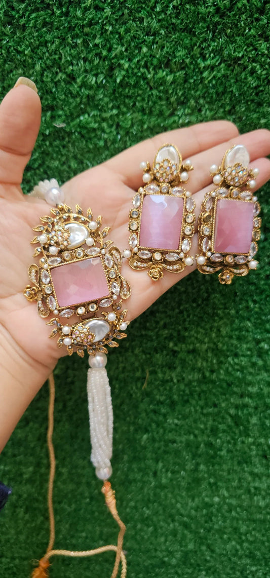 Handmade Pink Choker with Earrings - HASWEAR