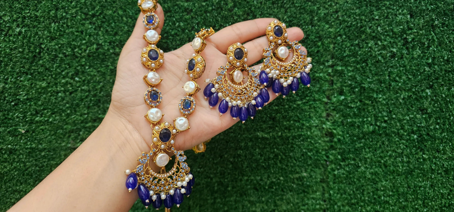Antique Blue Mala with Earrings - HASWEAR