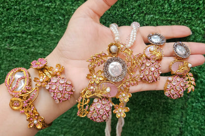 Handmade Pink Mala Set with Earrings & Kangan - HASWEAR