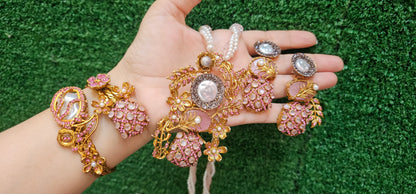 Handmade Pink Mala Set with Earrings & Kangan - HASWEAR