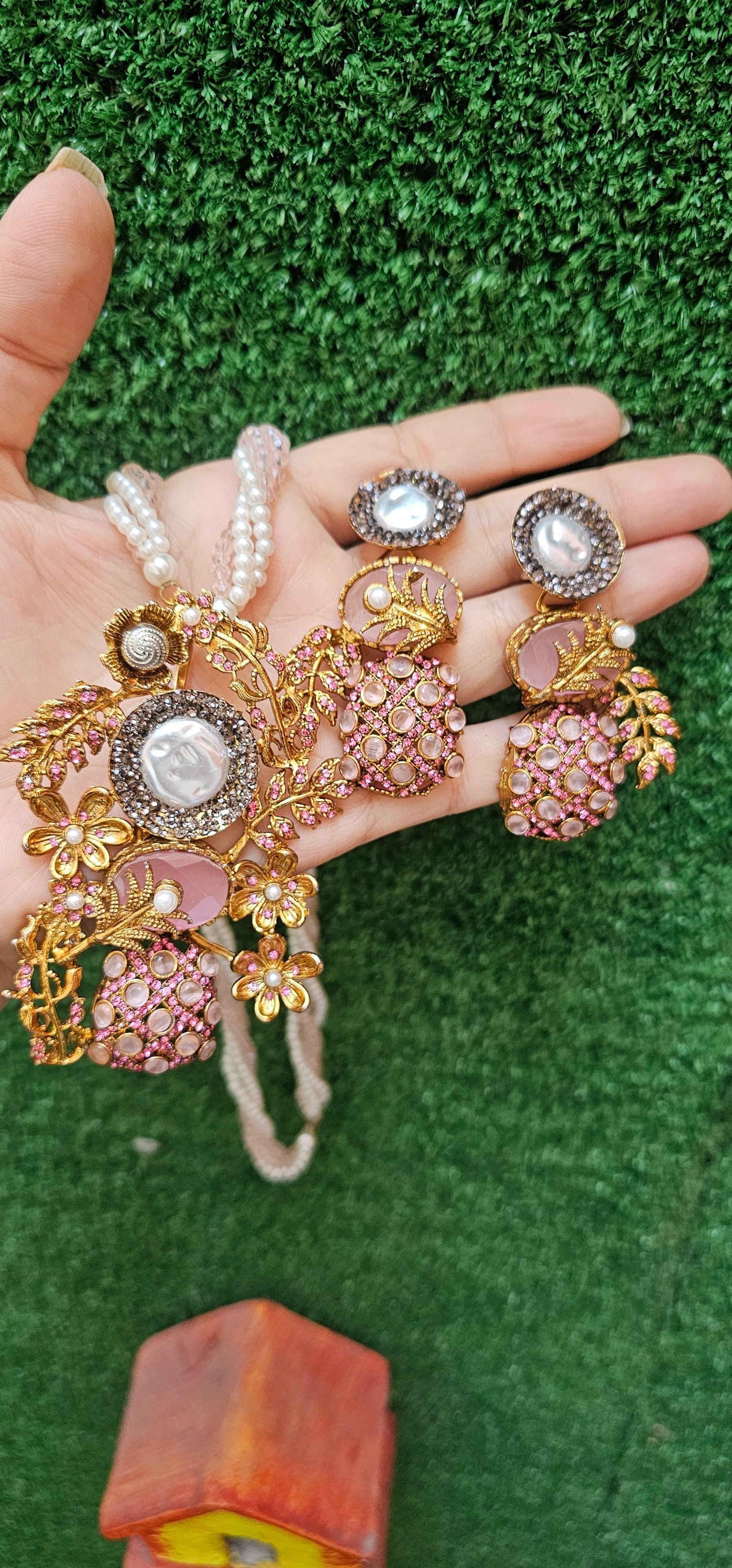 Handmade Pink Mala Set with Earrings & Kangan - HASWEAR