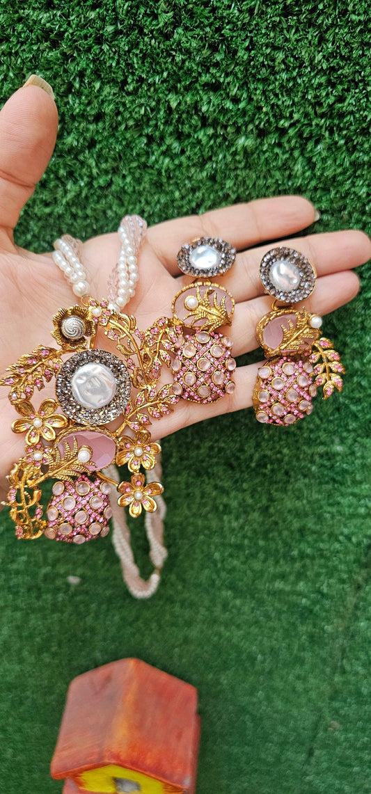 Handmade Pink Mala Set with Earrings & Kangan - HASWEAR