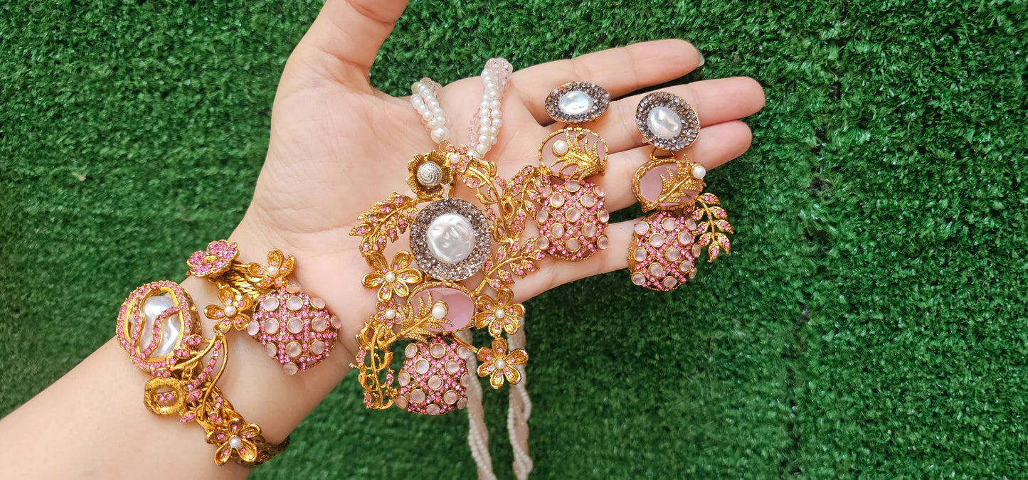 Handmade Pink Mala Set with Earrings & Kangan - HASWEAR