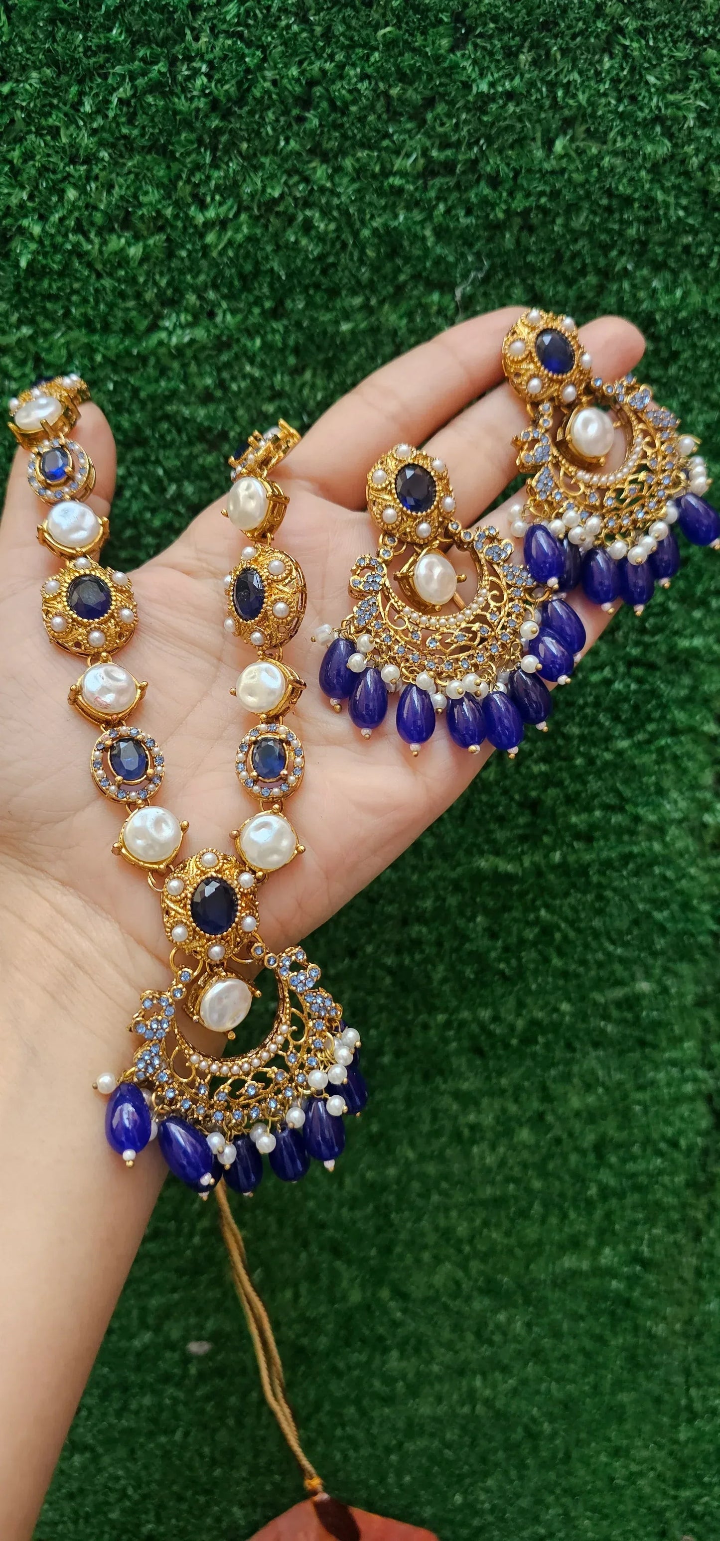 Antique Blue Mala with Earrings - HASWEAR