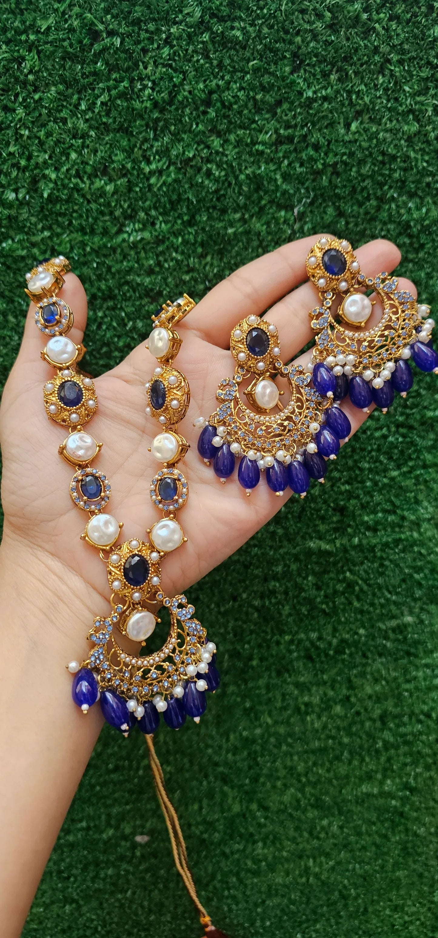 Antique Blue Mala with Earrings - HASWEAR