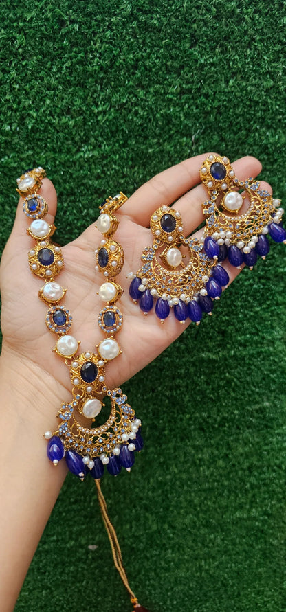 Antique Blue Mala with Earrings - HASWEAR