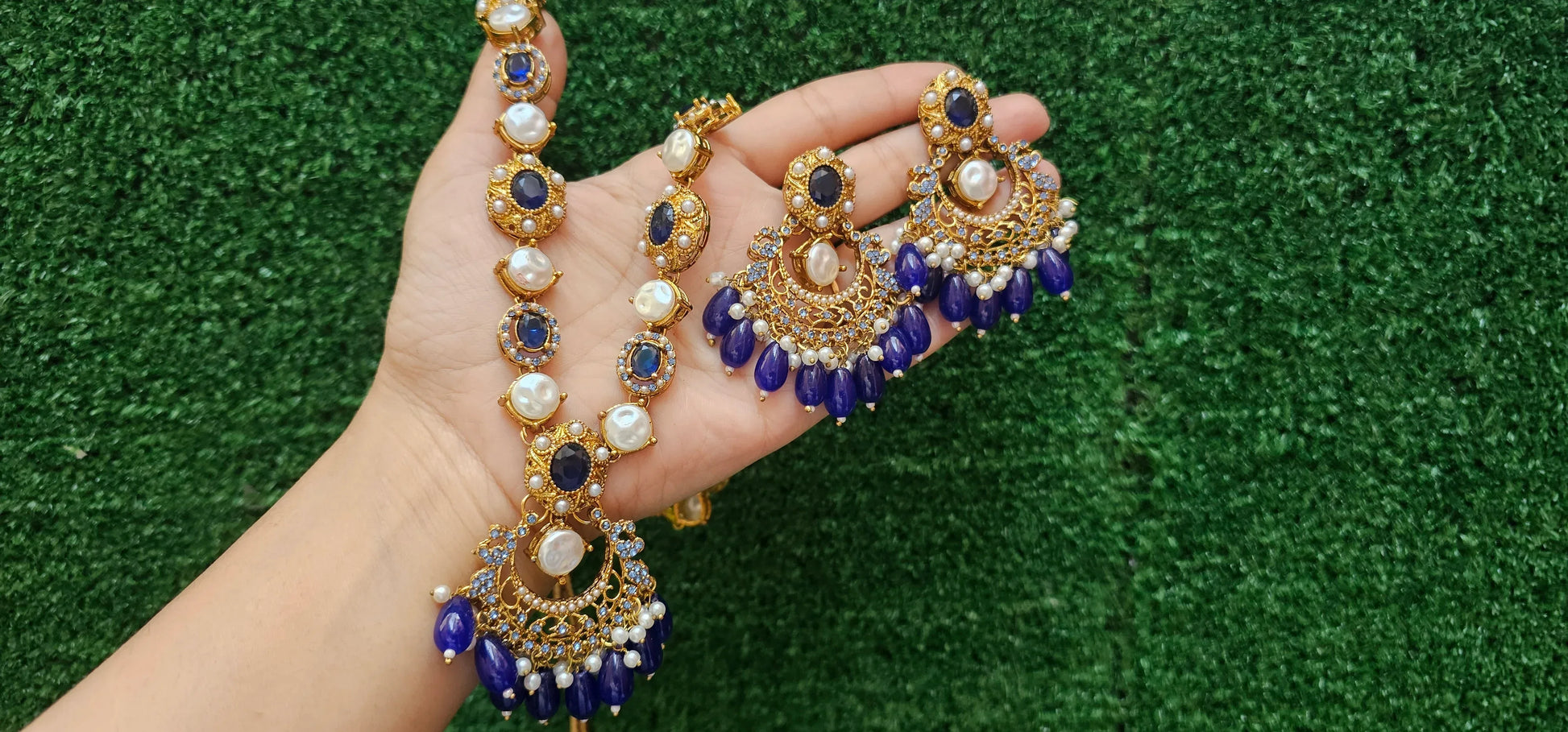 Antique Blue Mala with Earrings - HASWEAR