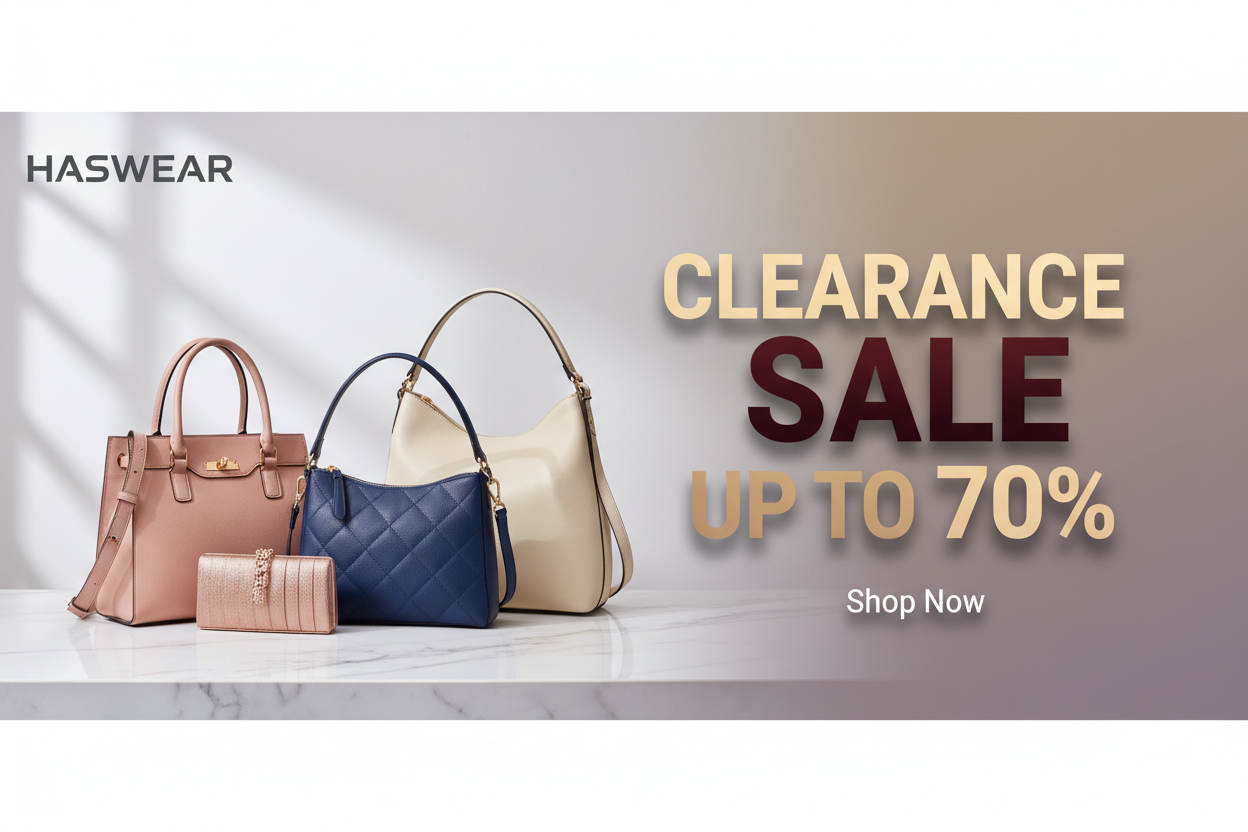 ok genrate a banner slideshow  written big heading floating text clearance sale upto 70% using my logo Haswear and Ladies Hand bAgs Resolution 1800 x 800